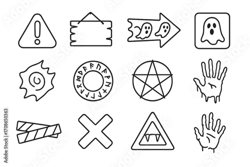 Spooky Icon Set. Line style icons of spooky signs and symbols: danger sign, beware board, haunted arrow, ghost zone; cursed mark,