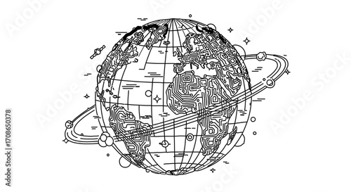 Detailed line art illustration of planet earth with rings, , showcasing continents and orbits