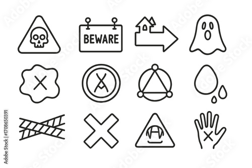 Spooky Icon Set. Line style icons of spooky signs and symbols: danger sign, beware board, haunted arrow, ghost zone; cursed mark,