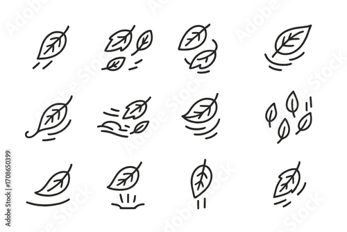 Falling Leaf Icons. Line style icons of falling leaves motion: single leaf falling, multiple leaves falling, swirling leaf,