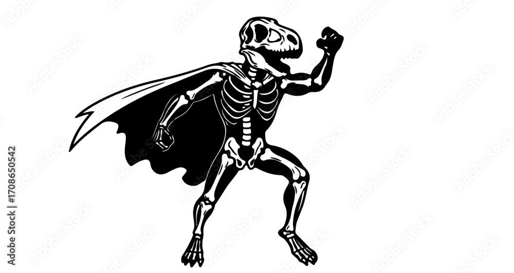 Fototapeta premium A superhero dinosaur skeleton with cape running, a vector illustration