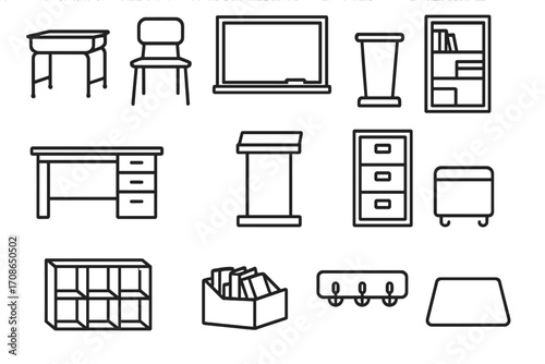 Classroom Furniture Icons. Line style icons of classroom furniture: student desk, chair, chalkboard, bookshelf; teacher desk,