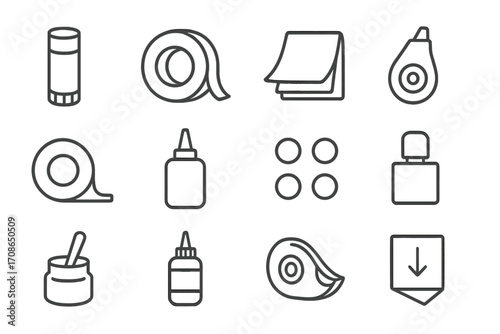 Sticky Tools Icons. Line style icons of sticky and adhesive tools: glue stick, tape roll, sticky pad, correction tape;