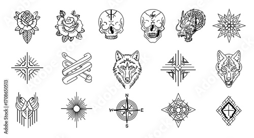 Collection of various tattoo designs, featuring roses, skulls, wolves, and compasses