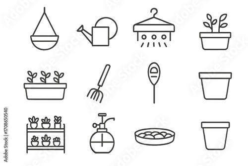Indoor Gardening Essentials. Line style icons of indoor gardening: hanging planter, small watering can, LED grow light, windowsill
