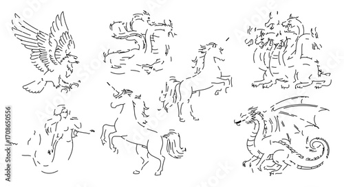 Illustration of mythical creatures including a unicorn, dragon, and pegasus