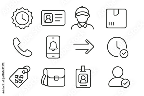 Courier Service Icons. Line style icons of courier symbols: express badge, delivery ID, courier uniform, tracking number; call