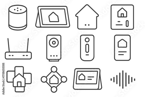 Smart Home Icons. Line style icons of smart home hubs: voice assistant speaker, smart display, home hub, wall control panel;