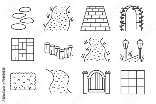 Garden Pathway Icons. Line style icons of garden pathways and layout: stepping stones, gravel path, brick walk, garden arch; paver