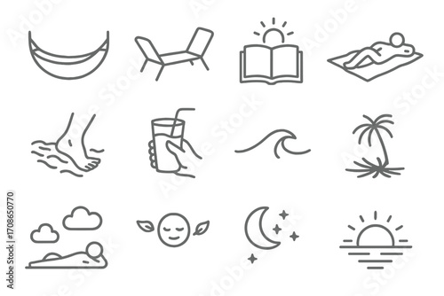 Summer Relaxation Icons. Line style icons of summer relaxation: hammock, lounge chair, book and sun, beach nap; foot in sand,