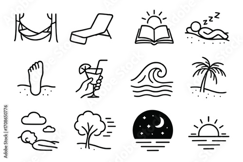 Summer Relaxation Icons. Line style icons of summer relaxation: hammock, lounge chair, book and sun, beach nap; foot in sand,