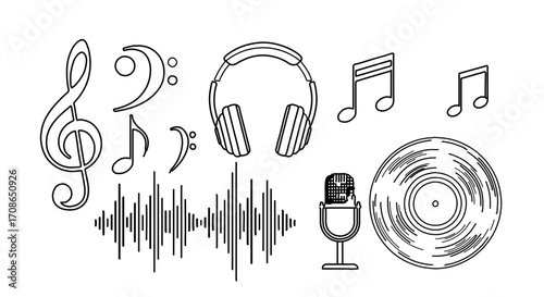 Illustration of music elements, including notes, headphones, microphone, and vinyl