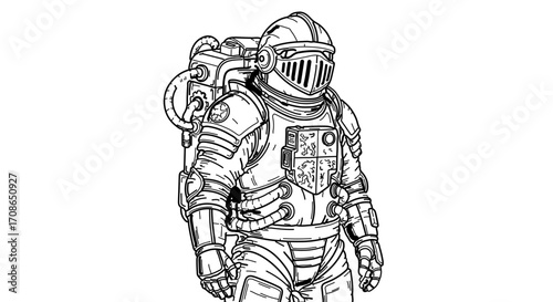 Illustration of a retro futuristic astronaut in a spacesuit, detailed line art