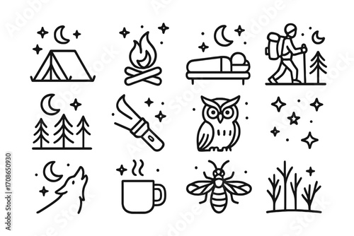 Night Camp Icons. Line style icons of night camp scenes: tent with stars, campfire at night, sleeping under sky, night hike icon;