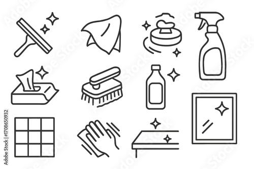Surface Cleaning Icons. Line style icons of surface cleaning: window squeegee, microfiber cloth, polishing pad, spray cleaner;