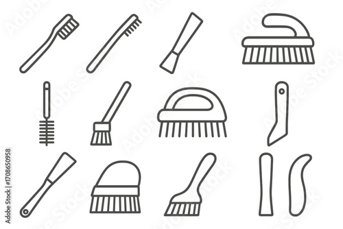 Detailed Brush Icons. Line style icons of detailed brushes: toothbrush, small detail brush, crevice tool, upholstery brush; bottle