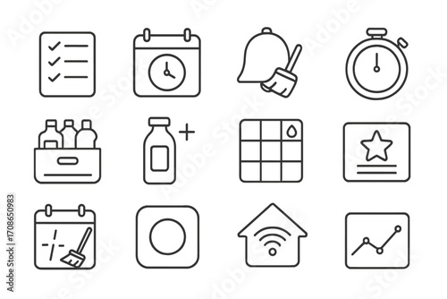 Digital Cleaning Icons. Line style icons of digital cleaning apps: checklist app, scheduling app, cleaning reminder, timer icon;