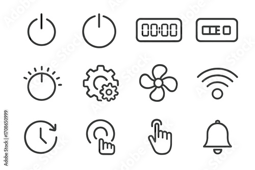 Appliance Control Icons. Line style icons of appliance control elements: power button, control knob, digital timer, LED display;