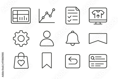E-commerce Icons. Line style icons of e-commerce interface: dashboard, analytics graph, inventory list, product upload; account