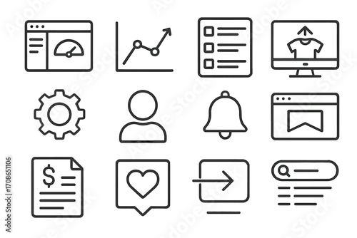 E-commerce Icons. Line style icons of e-commerce interface: dashboard, analytics graph, inventory list, product upload; account