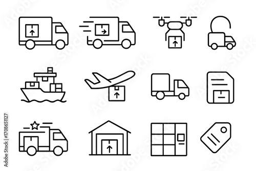 Shipping Method Icons. Line style icons of shipping methods: standard shipping, express delivery, local courier, drone ship;
