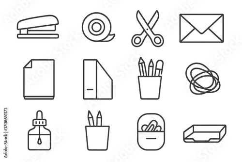 Office Supplies Icons. Line style icons of office supplies: stapler, tape roll, scissors, envelope; paper pack, document holder,