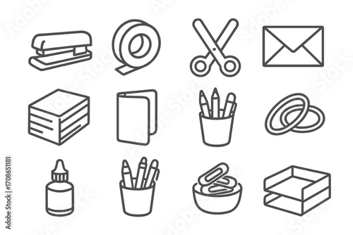 Office Supplies Icons. Line style icons of office supplies: stapler, tape roll, scissors, envelope; paper pack, document holder,