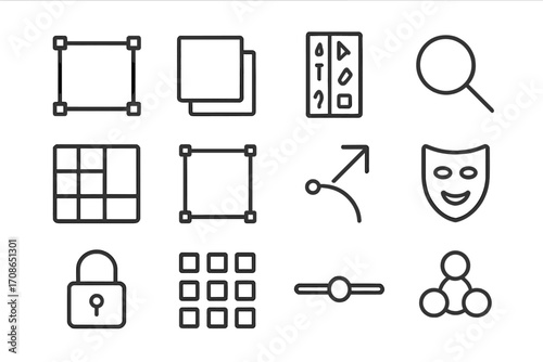 Graphic Editing Icons. Line style icons of graphic editing interface: canvas frame, layers panel, toolbar, zoom icon; alignment