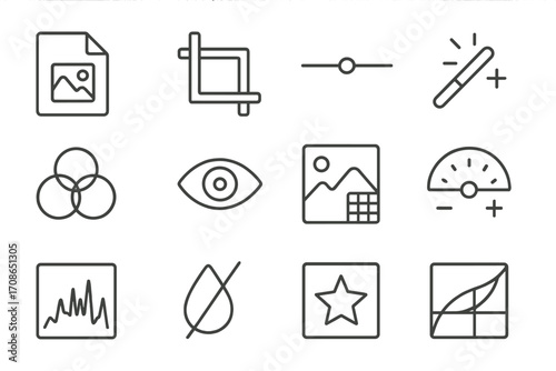 Photo Editing Icons. Line style icons of photo editing tools: RAW file icon, photo crop, saturation slider, auto-fix icon; photo