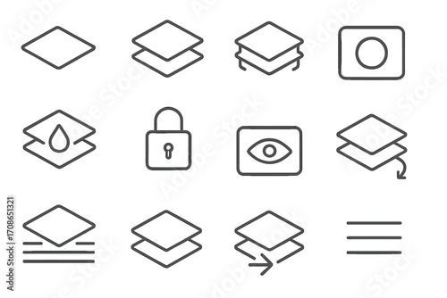 Line Style Layer Icons. Line style icons of layer controls: new layer, duplicate layer, group layer, mask layer; opacity icon,