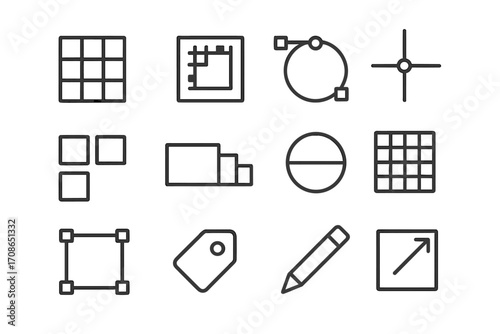 Icon Design Tools. Line style icons of icon design tools: grid icon, pixel preview, vector point, snapping guide; icon set, export