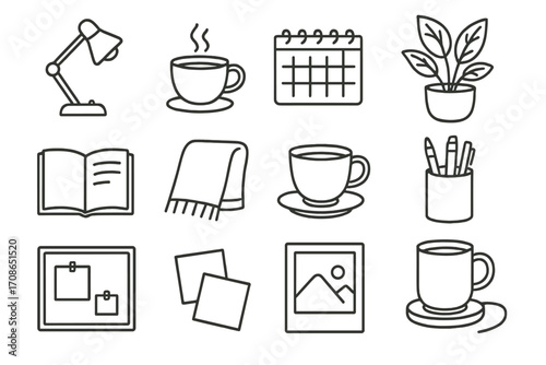 Cozy Desk Essentials. Line style icons of comfortable desk items: reading lamp, coffee steam, date planner, leafy plant; open