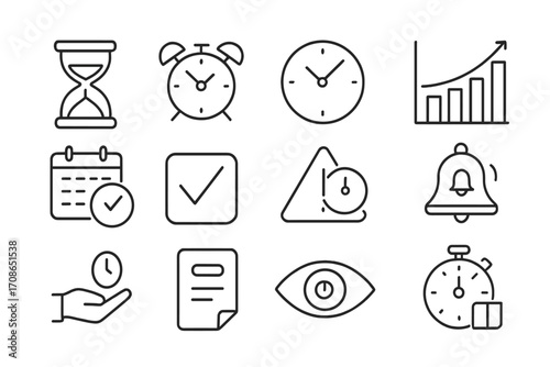 Time Management Icons. Line style icons of time management: hourglass, alarm clock, time ring, productivity chart; calendar time,