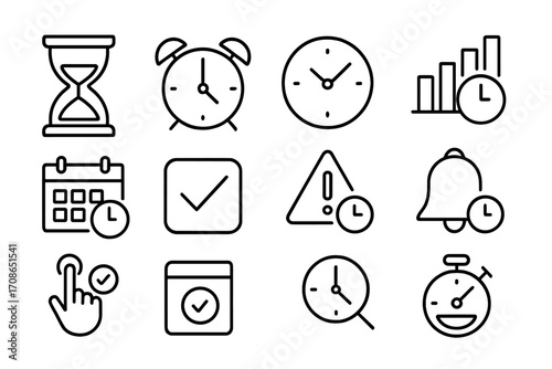 Time Management Icons. Line style icons of time management: hourglass, alarm clock, time ring, productivity chart; calendar time,