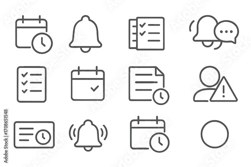 Meeting Reminders Icons. Line style icons of meeting and reminders: event clock, schedule bell, note list, chat reminder;