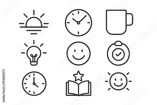 Sunshine and Focus Icons. Line style icons of sunshine and focus: sunrise icon, clock face, coffee mug, book spread; idea light,