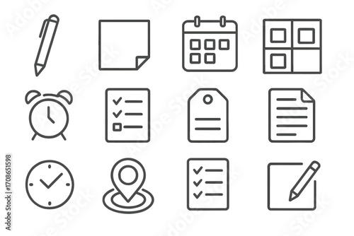 Line Style Office Icons. Line style icons of structured office items: flat pen, sticky square, calendar page, task board; alert