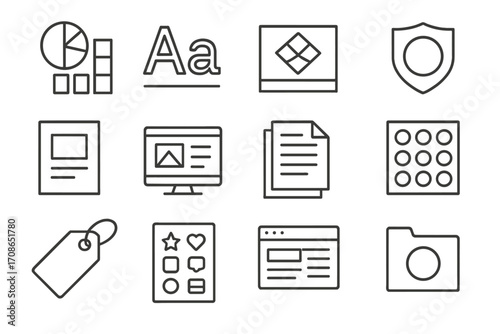 Line Style Identity Icons. Line style icons of visual identity assets: brand colors, fonts, logos, badges; print mockups, digital
