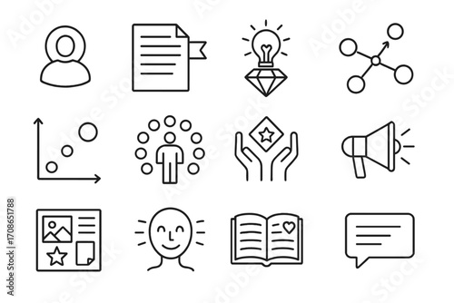 Branding Strategy Icons. Line style icons of branding strategy: audience profile, mission statement, brand essence, competitor map