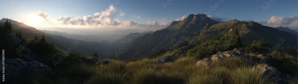 Fototapeta premium Stunning sunrise hdri panoramic view of exported mountain valley landscape in nature's embrace