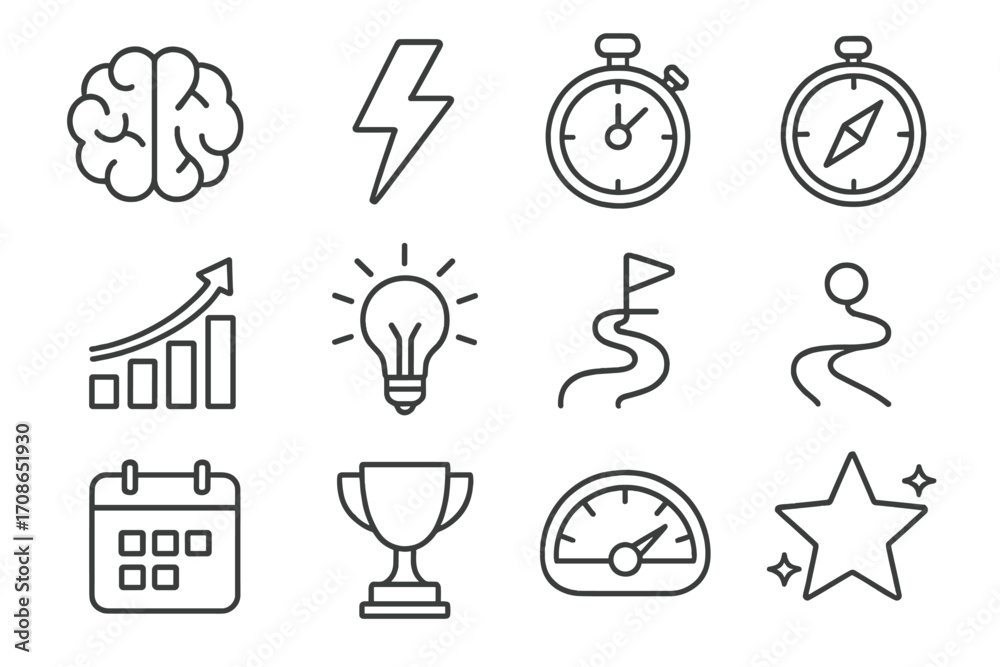 Success and Focus Icons. Line style icons of success and mental sharpness: brain, lightning, stopwatch, compass; north arrow,