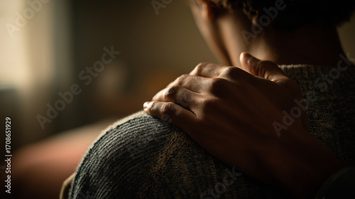 A person's hand gently rests on another's shoulder, conveying comfort, support, and empathy in a softly lit, intimate setting.