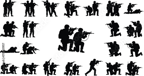 Armed soldier silhouettes in tactical gear, standing, kneeling, crouching, and prone combat stances, vector illustration for military, defense, warfare, strategy themes