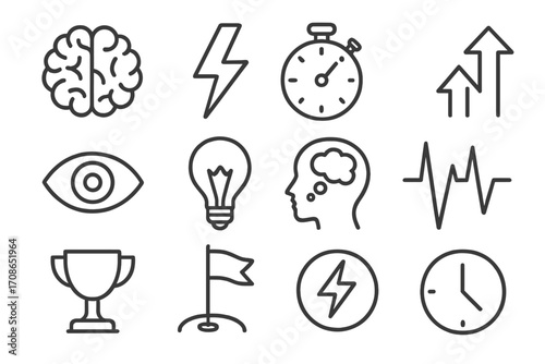 Icons of Cognitive Excellence. Line style icons of cognitive excellence: brain, lightning, stopwatch, upward arrow; concentration