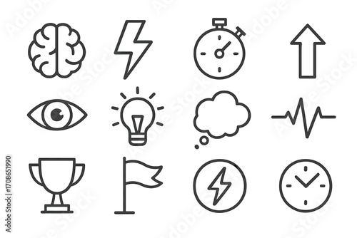 Icons of Cognitive Excellence. Line style icons of cognitive excellence: brain, lightning, stopwatch, upward arrow; concentration