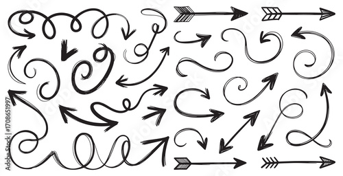 Set of thin hand-drawn crayon arrows in black and white doodle style. Includes curved lines, circular swirls, and playful directional pointers with light scribble texture. Minimal outline strokes isol