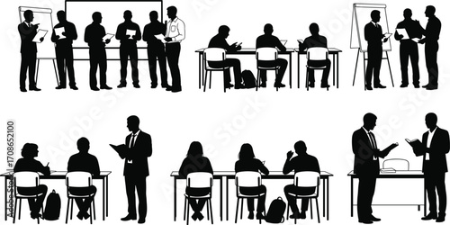Business and education silhouette, teamwork scenes, presentation moments, collaborative learning, professional interaction, classroom setting, vector illustration, people working