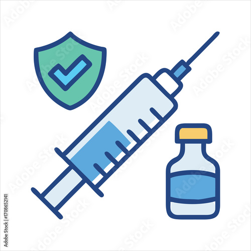 Vaccination concept with syringe, vial, and shield