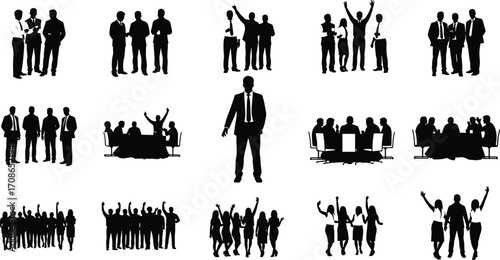Business group silhouette, teamwork celebration, corporate interaction, leadership concept, office meeting, professional diversity, vector illustration, workplace communication, business people