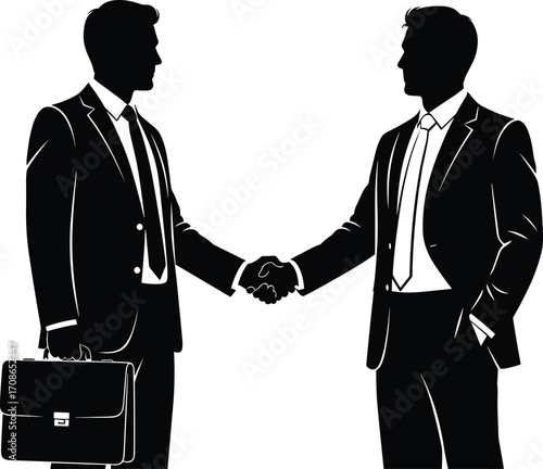 Business handshake silhouette, professional agreement, corporate deal, formal attire, partnership concept, office interaction, vector illustration, business people, teamwork